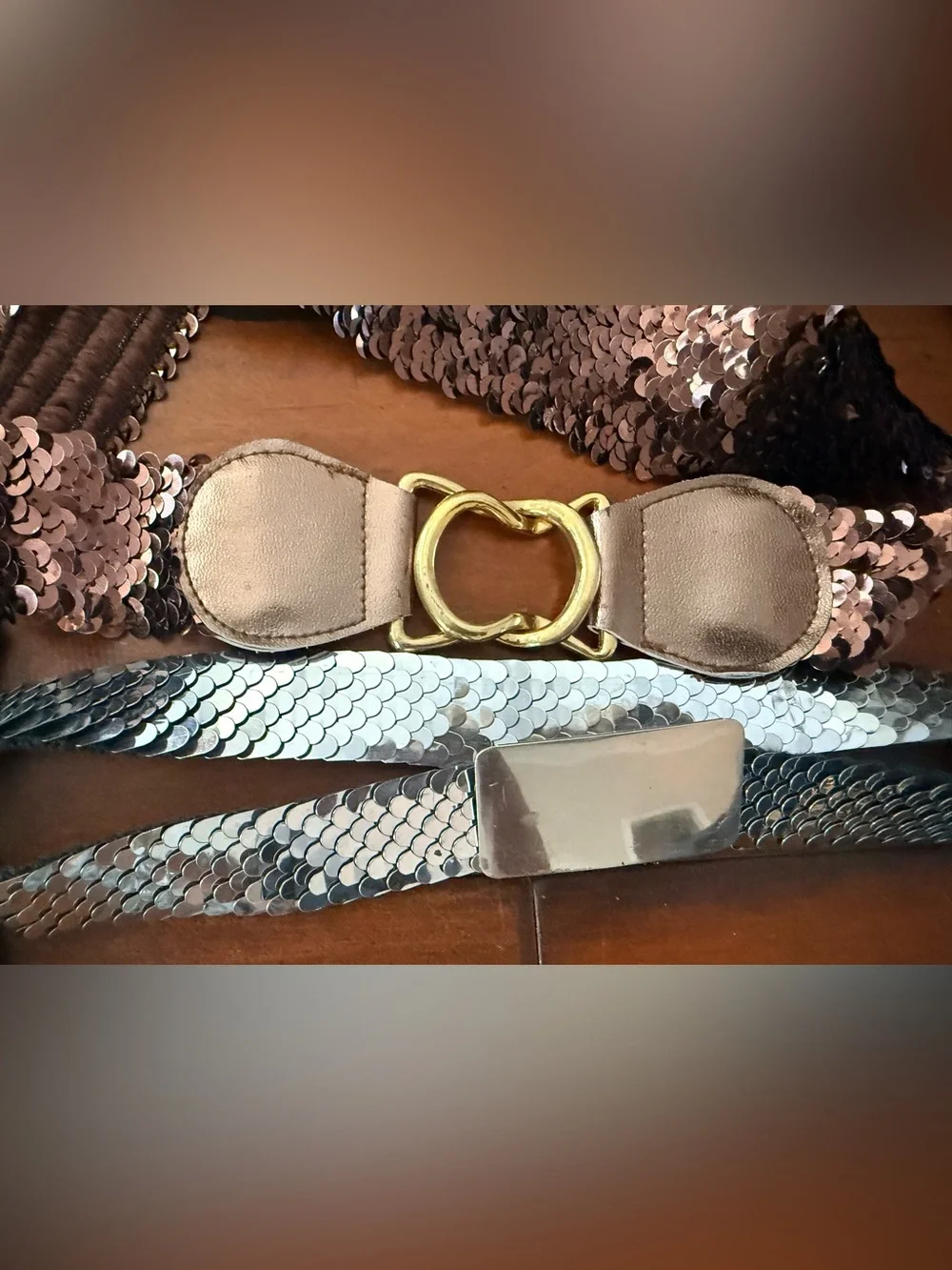 Bundle of 8 Sequin Elastic Waist Belts in Gold, Silver, Black and Brown